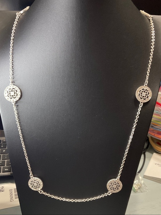 Shiela Rose Jewelry - Delicate Silver Floral Disc Long Necklace - Women Jewelry